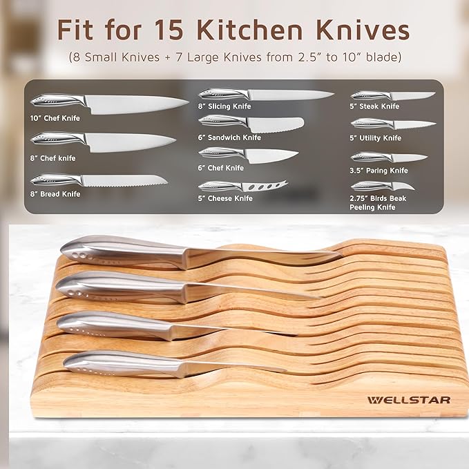 WELLSTAR Wood In-Drawer Knife Storage Block Holder - Organizer for 15 Knives, Kitchen Drawer Insert with Secure Blade-Down Storage, Durable Tray for Long & Short Knives (Knives Not Included)
