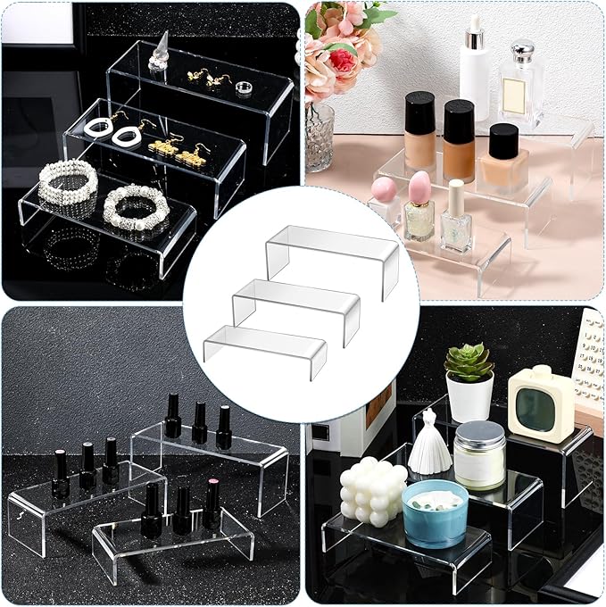 6 Pcs Clear Acrylic Risers Display Stands, 3 Sizes/Set Thickening Transparent Cabinet Riser Shelves Dessert Holder for Manga, Cupcake, Collectibles, Perfume, Retail Shop Showcase (7”/ 8” / 9”)