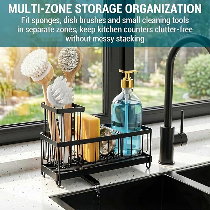 MyGift Modern Matte Black Metal Wire Sponge and Brush Holder Basket with Removable Drainage Tray – Kitchen Sink Caddy Organizer