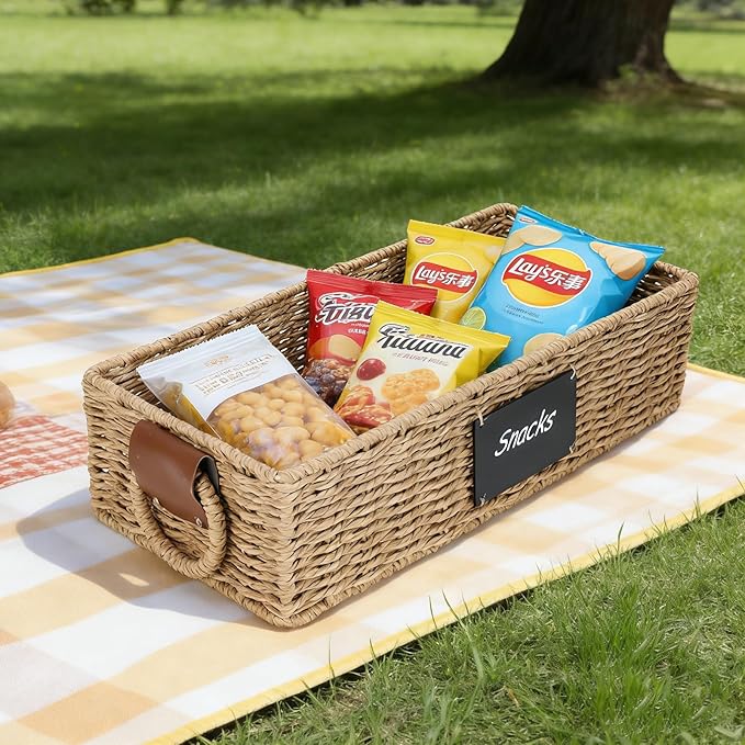 Snack Organizer for Countertop, Snack organizer snack basket tray with Handles, Paper Rope Wicker Basket snack Bar Station Decor, Food Storage Container for Pantry Organizer and Storage