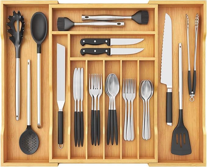 Lifewit Silverware Drawer Organizer, Expandable Utensil Tray for Kitchen, Bamboo Flatware and Cutlery Holder, Wood Adjustable Storage for Spoons Forks Knives, 17- 28 x 18.5", Natural