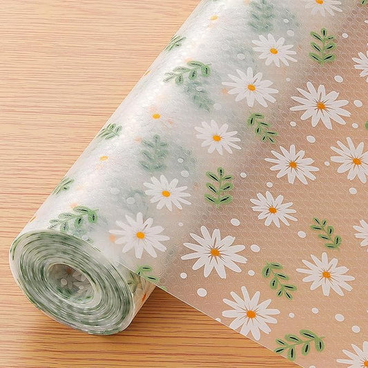 INNOLITES Shelf Liner for Cabinets, Non-Adhesive for Kitchen Drawer Liner, Waterproof Shelf Paper with Floral Pattern, Durable Easy to Clean (Green Daisy, 17.7" x 78.7")