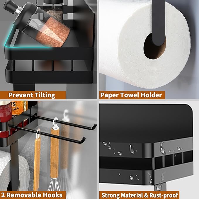 YIGII Magnet Paper Towel Holder for Refrigerator, 2-in-1 Black Spice Rack Organizer Strong Magnets, Kitchen Roll Holder with Storage Shelf and 2 Hooks, Heavy Duty