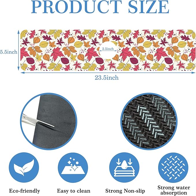 Faucet Mat Splash Guard Autumn Colorful Leave, Soft Diatom Mud Material, Strong Water Absorption, Non-slip,Easy to Clean for Bathroom, Kitchen 23.5"X5.5"