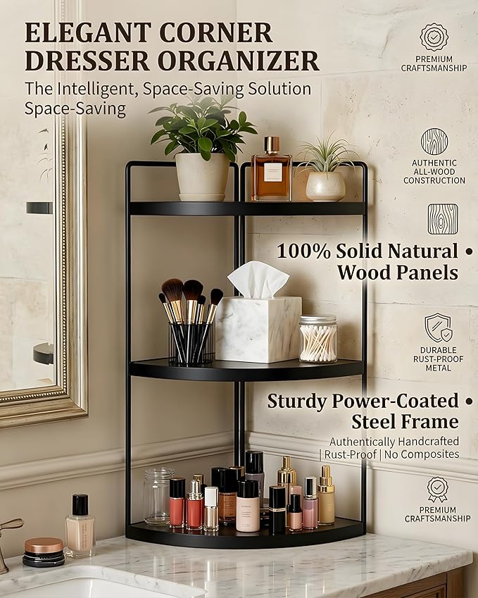 Corner Bathroom Countertop Organizer, 3-Tier Rustic Wood Corner Shelf with Sturdy Metal Frame, Waterproof Vanity Storage for Cosmetics & Toiletries, Space Saving Rack for Kitchen, Black
