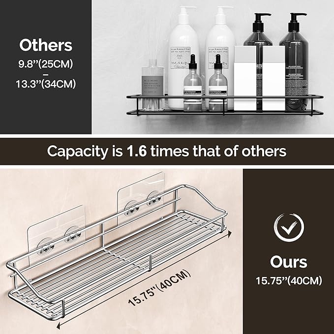 Orimade Bathroom Shelf Organizer Shower Caddy Storage Kitchen Rack with Traceless Transparent Adhesive No Drilling SUS304 Stainless Steel, 15.75 inch, Silver
