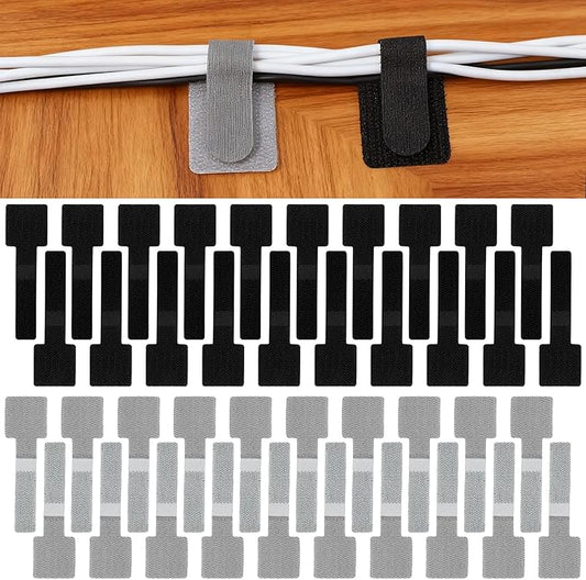 Cord Organizer, 40 PCS Adjustable Cable Management Under Desk, Reusable Hook and Loop Cable Ties, Self Adhesive Wire Organizers for Home Office (Black, Gray)