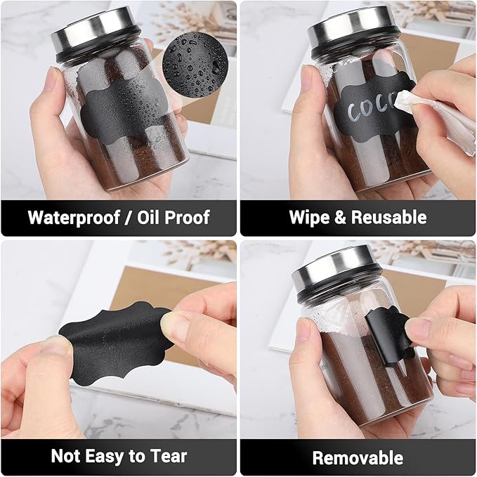 Segarty Labels for Spice Jars, 192 Pcs Assorted Shape Blank Label Stickers with 1 Chalk Marker for Food Container, Waterproof Chalkboard Stickers for Glass Mason, Bottle, Canisters, Storage Bin