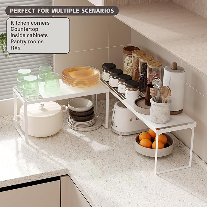 Expandable Cabinet Shelf Organizer, 2 Pack Stackable Kitchen Counter Shelf Riser, Metal Spice Rack Adjustable Heavy Duty Countertop Organizer Storage for Kitchen, Pantry, Cupboard, Rv (White)