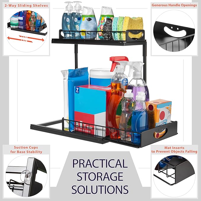 ClearSpace Under Sink Organizer, Pull Out Cabinet Organizer - 2 Tier Slide Out Organizers and Storage Shelf - Metal Sliding Drawer for Kitchen Bathroom Pantry Cabinet Organization Rack, Black