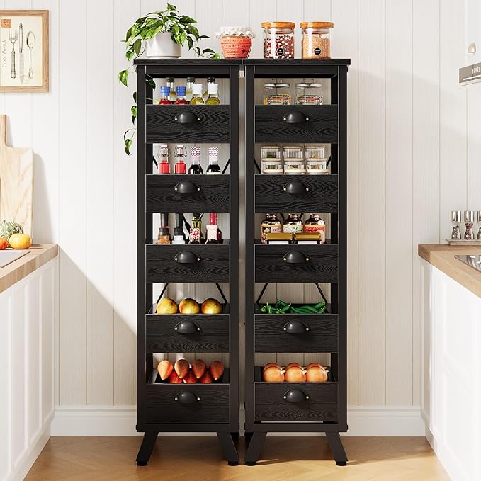 Tribesigns Wood Fruit and Vegetable Storage Rack Set of 2, 5-Tier Narrow Snack Stand Kitchen Stand Fruit Basket, Pull-Out Utility Organizer for Kitchen, Living Room, Black