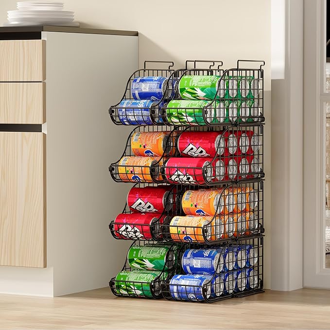 Sonyabecca 4-Pack Stackable Canned Food Organizer with Handles for Kitchen, Soda Can Organizer for Pantry Shelves, Wire Cabinet Shelf for Can Storage, Foldable Soda Dispenser, Patent Pending, Black