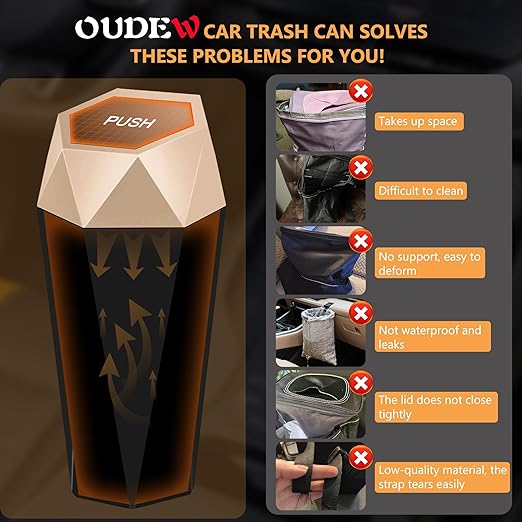 Car Trash Can with Lid - 1-Pack, Interior Accessories for Vehicles, Leakproof Garbage Can with 30 Detachable Trash Bags, Multipurpose Organizers and Storage Solutions for Home and Office
