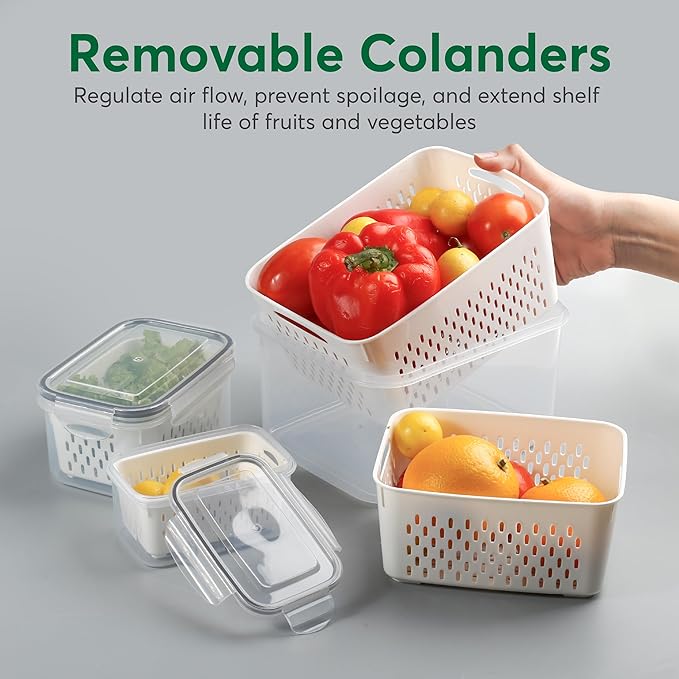 BreezyHome 5 Set Fruit Storage Containers for Fridge with Colanders Dishwasher Safe, Leakproof Fruit and Vegetable Storage BPA-Free Plastic, Produce Storage Keep Berry Fruit Veggie Meat Fresh