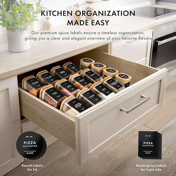 Minimalist Spice Container Labels Self-Adhesive - 160 Stickers for Spice Jars, Spice Jars & Drawers, Round & Rectangular, Waterproof Spice Organiser Labels for Kitchen Organisation