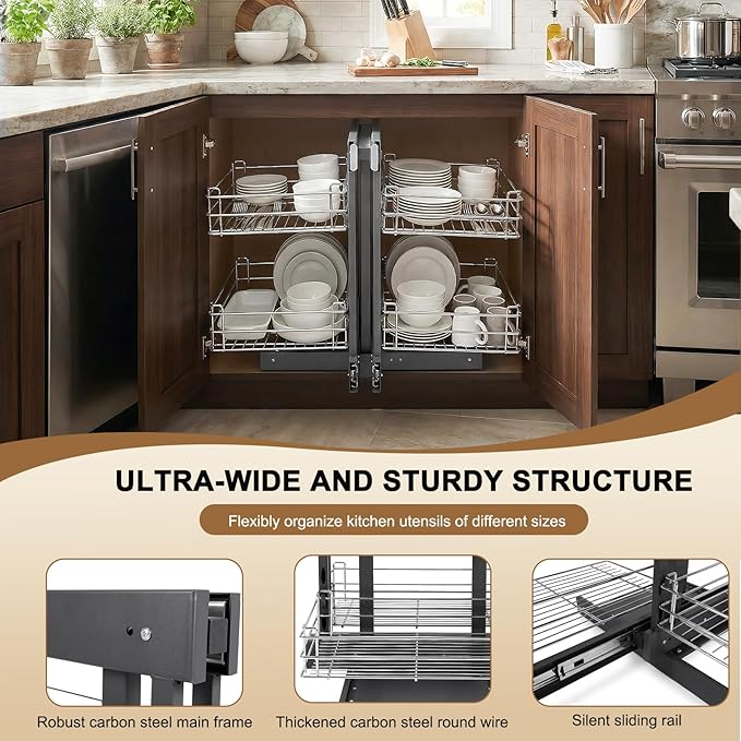 2 Tier Blind Corner Cabinet Pull Out Organizer Shelves L 24.8in H 18.5in W 13in Left Open & Right Open Compatible Kitchen Corner Cabinet Organizer 4 Shelves for Kitchen Or Bathroom