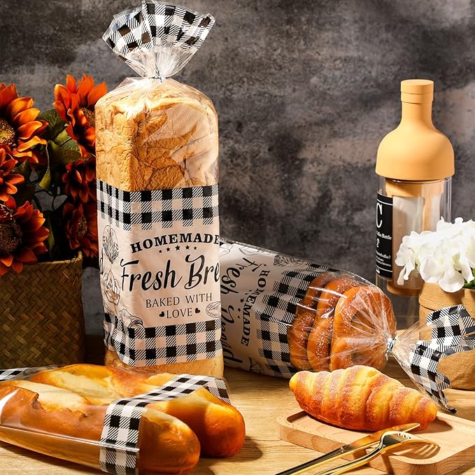 Sabary 50 Pcs Homemade Bread Bags with Ties Black Buffalo Plaid Bread Loaf Bags Plastic Clear Gift Storage for Home Bakers Bakery Christmas, 10 x 20 Inch