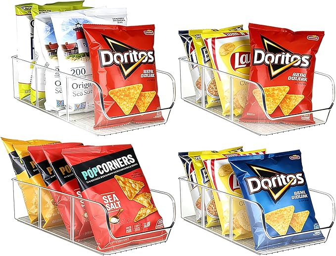 4 Pack Chip Bag Organizer for Pantry, 3-Compartment Chip Storage Containers with Detachable Dividers, Pantry Organizers and Storage for Chip and Snacks, Snack Organizer for Pantry, Fridge, and Cabinet