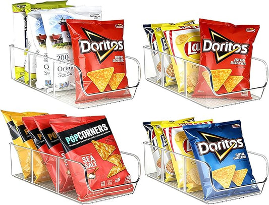 4 Pack Chip Bag Organizer for Pantry, 3-Compartment Chip Storage Containers with Detachable Dividers, Pantry Organizers and Storage for Chip and Snacks, Snack Organizer for Pantry, Fridge, and Cabinet