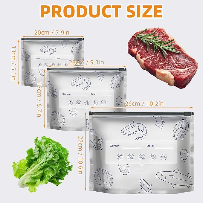 30PCS Reusable Aluminum Foil Sealable Storage Bags, 2025 New Resealable Vacuum Zipper Pouches for Food, Stand Up Foil Sealable Bags with Label and Zip Lock for Vegetable Fruit Meat (3 Size)