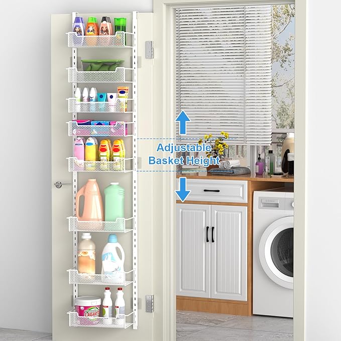 12.3" W Narrow Over the Door Pantry Organizer, 8-Tier Over the Door Organizer with Adjustable Basket, Pantry Door Organization for Pantry Kitchen Storage Room Spice Rack, White