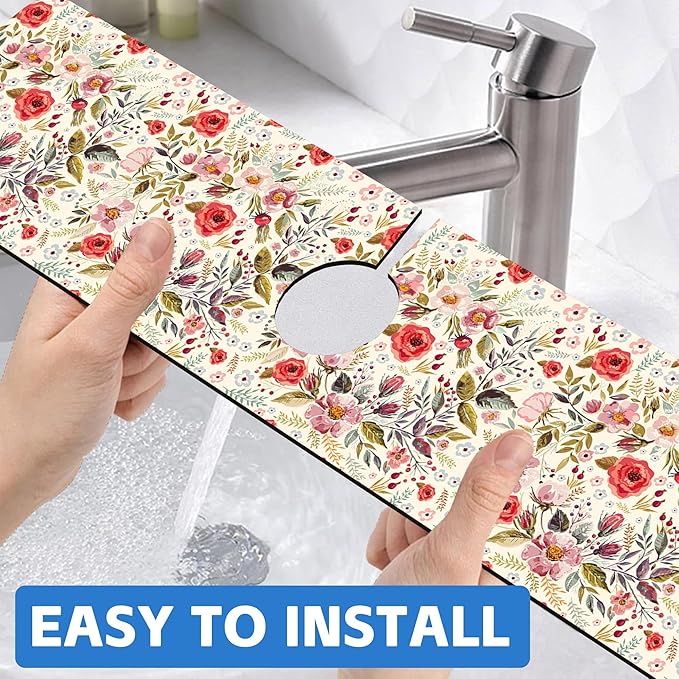 Abstract Red Pink Floral Dish Drying Mat for Kitchen Sink Splash Guard Behind Faucet Sink Mat Absorbent Fast Drying Faucet Draining Mat for Bathroom Kitchen 5.5"×24"