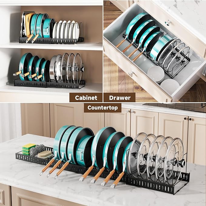 RoleDes 4 Pack Pot and Pan Organizer Inside Cabinet, Expandable Storage Set for Kitchen Drawer or Shelf, Black Organizer with 16 Adjustable Dividers for Pot Lids, Cookie Sheet and Cutting Board