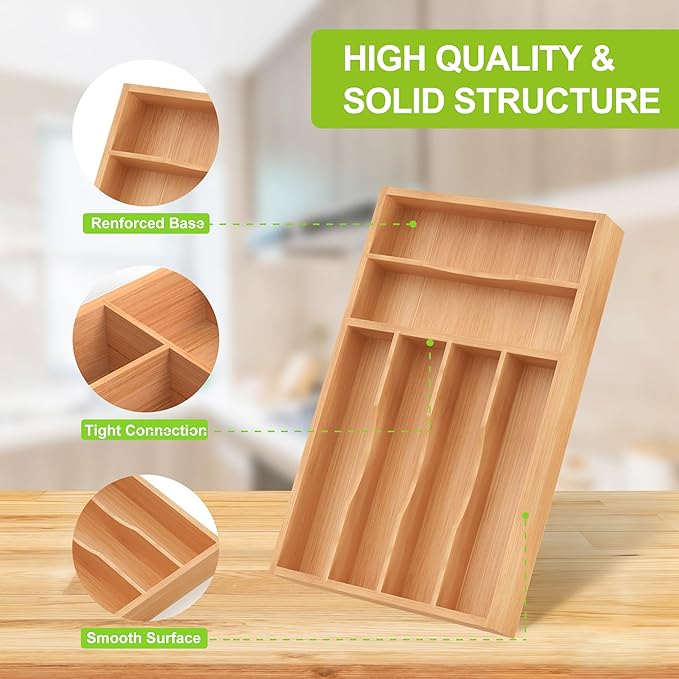 Bamboo Utensil Drawer Organizer with Removable Dividers, Kitchen Organizer for Flatware Cutlery, Silverware Tray for Drawer (6/5 Flexible Slots, Natural)