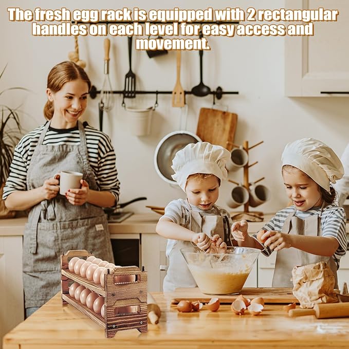 Maxcheck 9-Tier Stackable Egg Holder Wooden Egg Storage Rack with Handles Shelf Storage up to 108 Countertop Organizer for Kitchen, Refrigerator