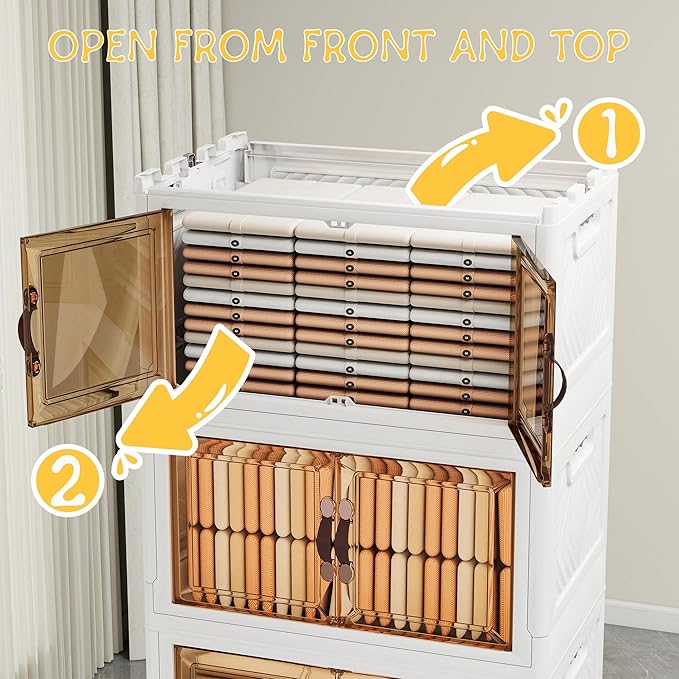 Storage Bins with Lids and Wheels, Collapsible Bathroom Storage Cabinet with Clear Doors, Plastic Stackable Closet Organizers and Containers White 628 QT