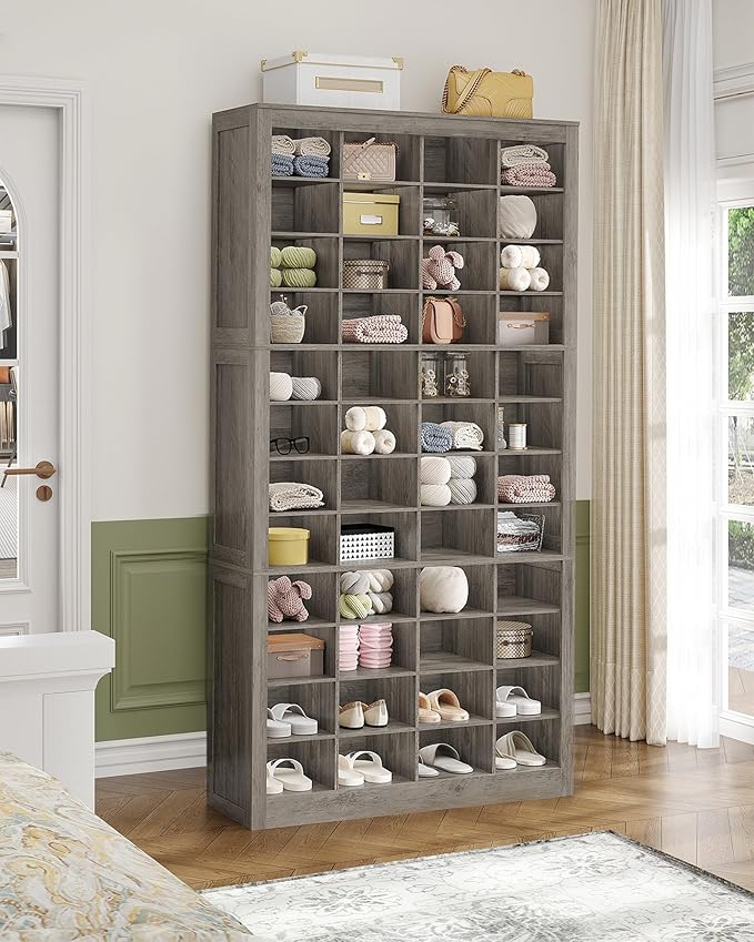 Shoe Storage Cabinet, 48 Pairs Free Standing Closet Organizer, 9 inch Widened Cell Wood Shoe Organizer, 12 Tiers Vertical Space Saving Shoe Rack for Entryway, Cloakroom, Greige SR39605X