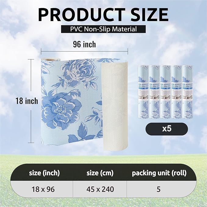 FIFTY FEET 18X96 Inch Shelf Liner for Kitchen Cabinets, PVC Drawer Liner for Dresser Non-Slip Bathroom, Non-Adhesive Cabinet Liner Washable (Blue Flower)(5 Roll)