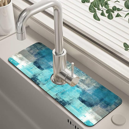 Abstract Teal and Grey Geometric Dish Drying Mat for Kitchen Sink Splash Guard Behind Faucet Sink Mat Absorbent Fast Drying Faucet Draining Mat for Bathroom Kitchen 5.5"×15"