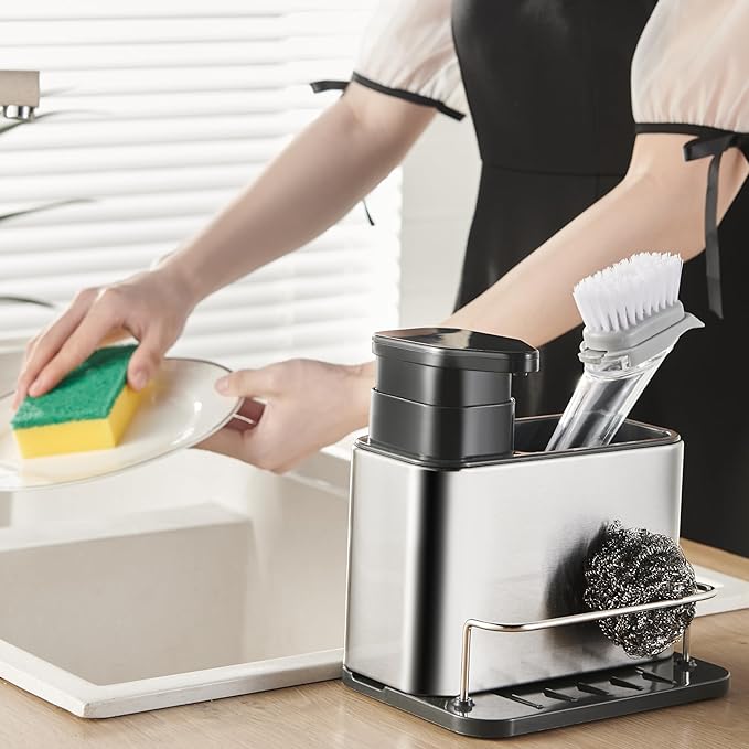 Soap Dispenser for Kitchen & Bathroom Sink,3-in-1 Sponge Holder for Kitchen, Organizer Dish Soap Dispenser,Sink Caddy,Stainless Steel Dish Brush Scrubber with Sponge Holder