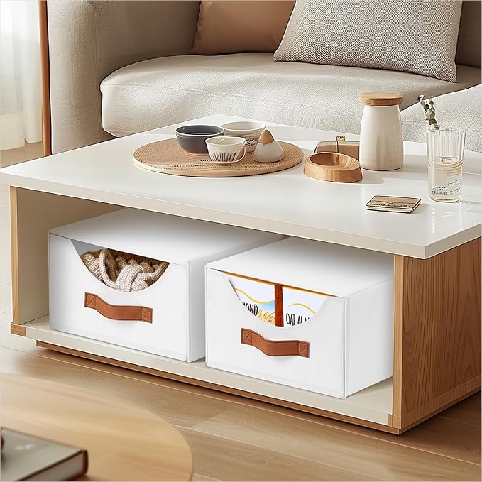 Stackable Storage Drawers - Collapsible Storage Bins with Drawers, 8 Pack Closet Shelf Organizer Basket, Fabric Pull Out Organizer for Bedroom, Living Room, Dorm, White