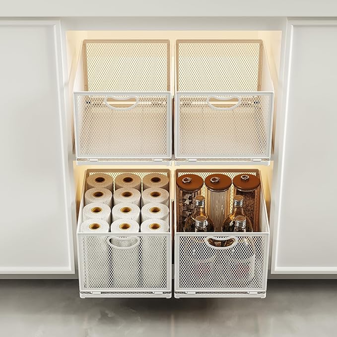 2 Pack Pull Out Cabinet Drawer,Metal Mesh Slide Out Shelves Organizer,Frameless Cabinets Suitable,Simple Housewares Pull Out Cabinet Sliding Basket (11.8" D*9.6" W*8.4" H)