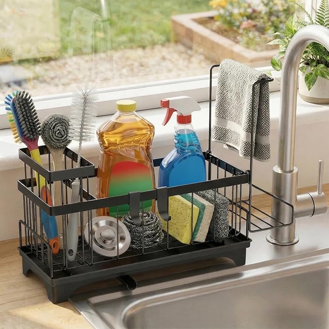 Sponge Holder for Kitchen Sink, Kitchen Sink Caddy Organizer with Detachable Cloth & Brush Holder, Auto Draining Countertop Organizers & Storage Essentials Accessories with 360° Rotatable Spout(Black)
