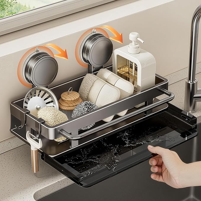 vorona Sponge Holder for Kitchen Sink with Suction Cup, Rustproof Stainless Steel Sink Caddy with Removable Drain Pan for Kitchen Countertop Accessories & Storage