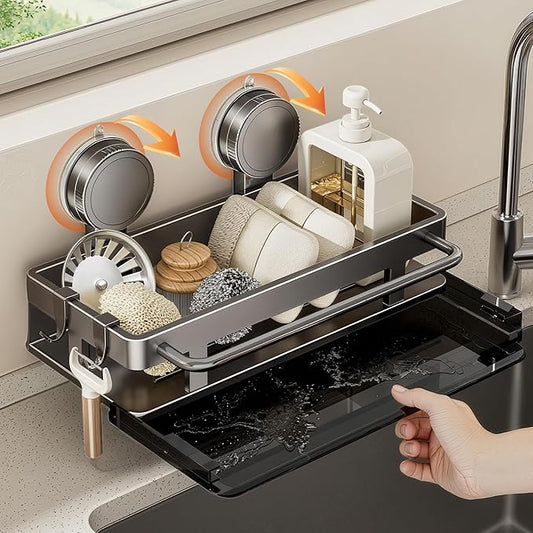 vorona Sponge Holder for Kitchen Sink with Suction Cup, Rustproof Stainless Steel Sink Caddy with Removable Drain Pan for Kitchen Countertop Accessories & Storage