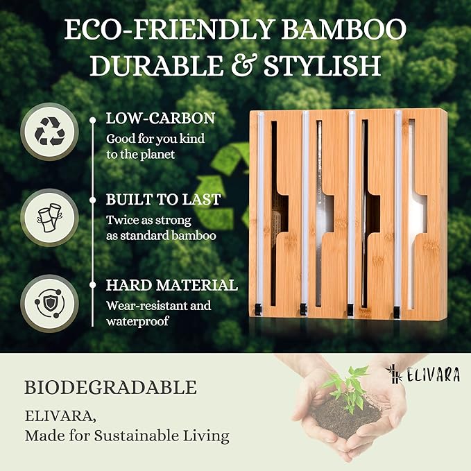 4-in-1 Bamboo Wrap Organizer with Cutter – Holds Plastic Wrap, Foil, Parchment & Paper Towels – Drawer or Countertop Use – Durable Bamboo Dispenser with Labels