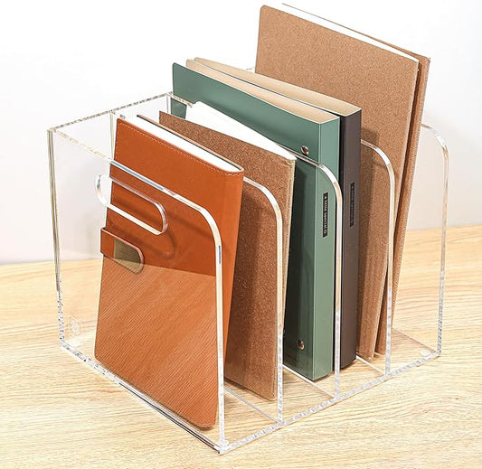 4 Vertical Compartments Clear Acrylic Magazine & File Holder – Multipurpose Desk Organizer for Office, Tablets, Magazines, Books – Documents/Home/Classroom Rack
