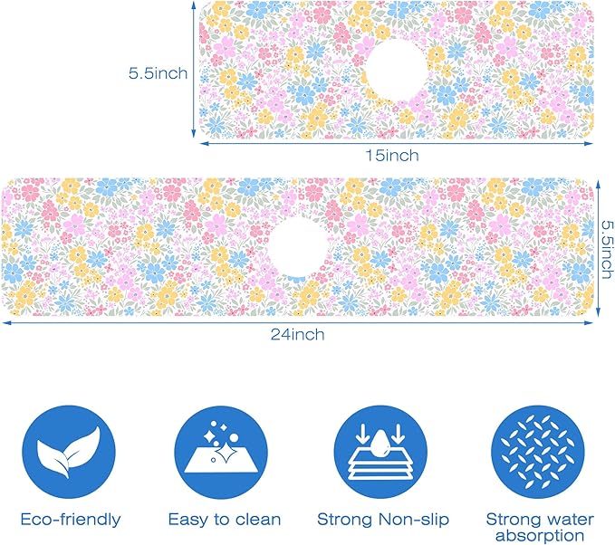 Retro Floral Cute Wildflowers Dish Drying Mat for Kitchen Sink Splash Guard Behind Faucet Sink Mat Absorbent Fast Drying Faucet Draining Mat for Bathroom Kitchen 5.5"×24"
