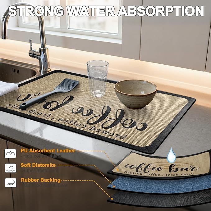 Dish Drying Mat & Coffee Mat for Kitchen Counter, Absorbent Microfiber Waterproof Mat with Non-Slip Backing, Multi-Size Multi-Color Options, Sink and Coffee Bar Accessories