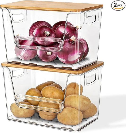 2 Set Pantry Organizers, Storage,Bamboo Lids with Removable Drain Trays, Stackable Clear Bins for Potato, Onion, Vegetables, Fruit, Trash Bag Dispenser, Under Sink Organizer for 4-13 Gal Bags