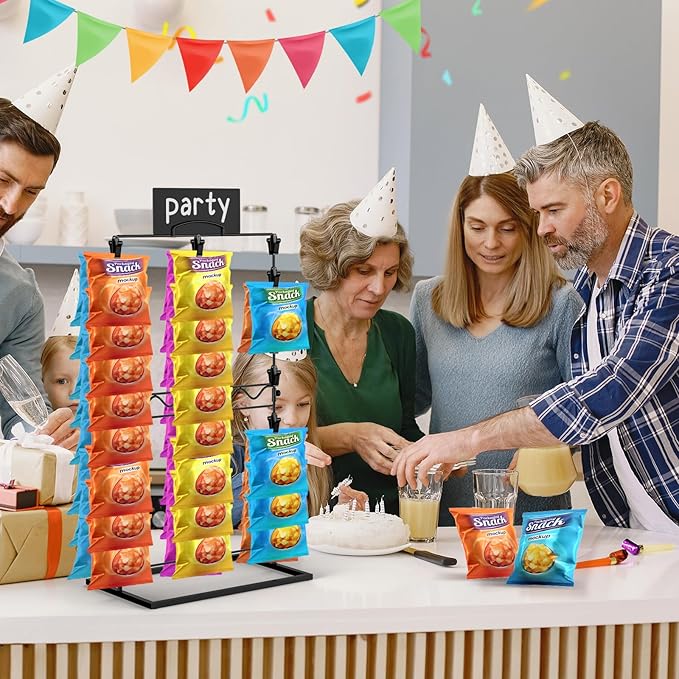 TJ.MOREE Chip Rack Display Stand, Chip Bag Holder for Party Display 3-Row 48 Clips Countertop Snack Hanger, Snack Retail Display Rack