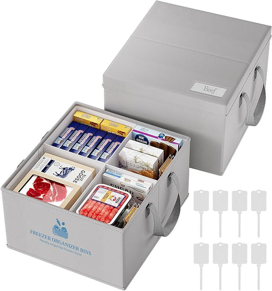 Housolution 2 Pack Freezer Organizer Bins, Collapsible Deep Chest Freezer Organizer Bins with Removable Dividers, Label Pockets, Waterproof Freezer Storage Bins with Portable Handle (19"x14"x9")