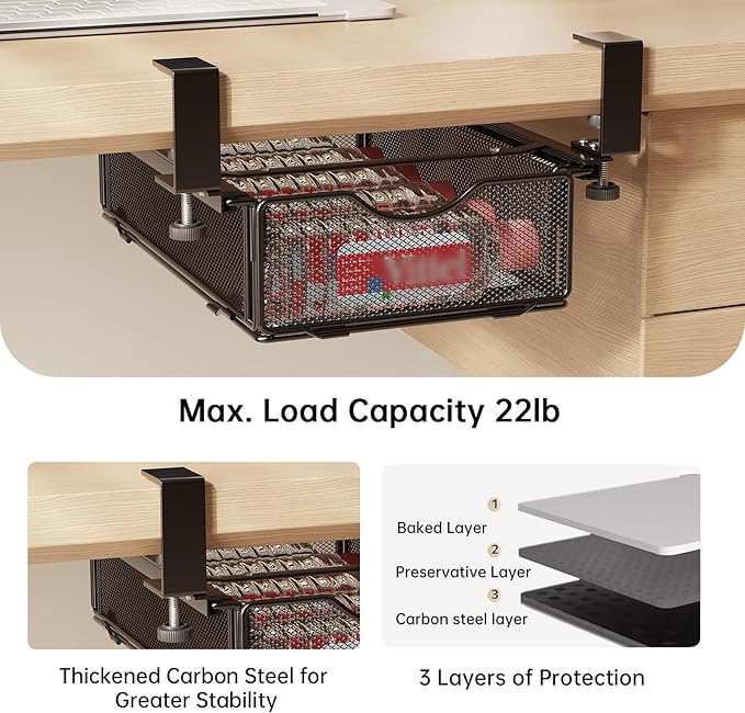 Under-Desk Drawer Slide Out Clamp-On-Desk Shelf for Office Supplies and Books Storage Metal Attachable Table Drawer Fit for Table Thickness 0.47-2.36in (Black, Normal)