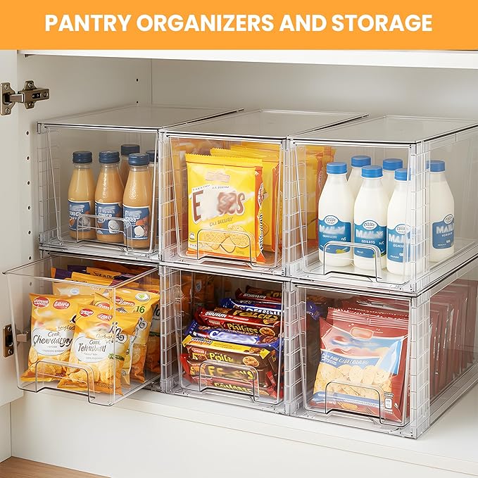 6 Pack Large Stackable Storage Drawers, Acrylic Bathroom Undersink Closet organizers and storage, Clear Plastic Bins for Pantry, Kitchen Cabinets, Makeup, Perfume, Baby Bottles, Medicine Organization