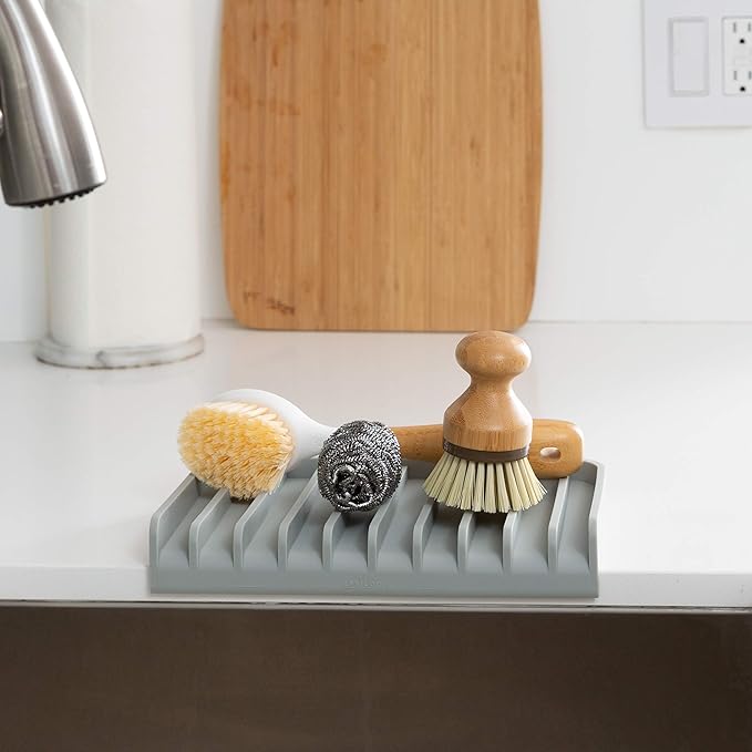 Effilogic Silicone Sponge Holder – Self-Draining Kitchen Sink Organizer, Quick Dry Mat and Counter Protector – Dishwashing Accessories for Sponges, Brushes, and Soap - Large White