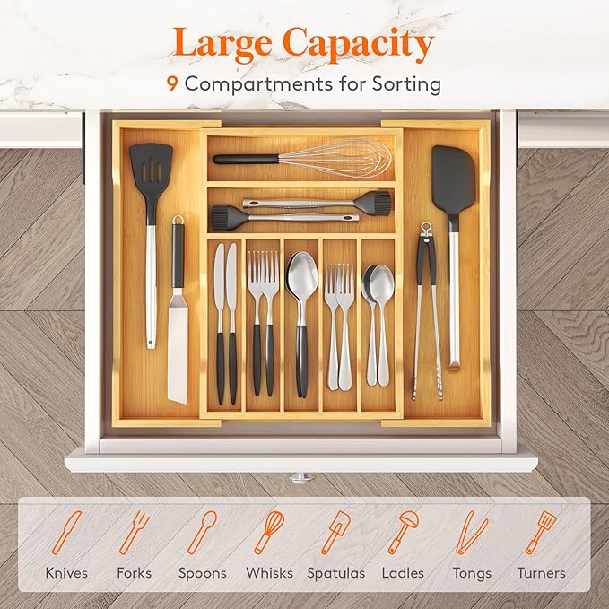 Lifewit Silverware Drawer Organizer, Expandable Utensil Tray for Kitchen, Bamboo Flatware and Cutlery Holder, Wood Adjustable Storage for Spoons Forks Knives, 31- 53 x 43cm, Natural
